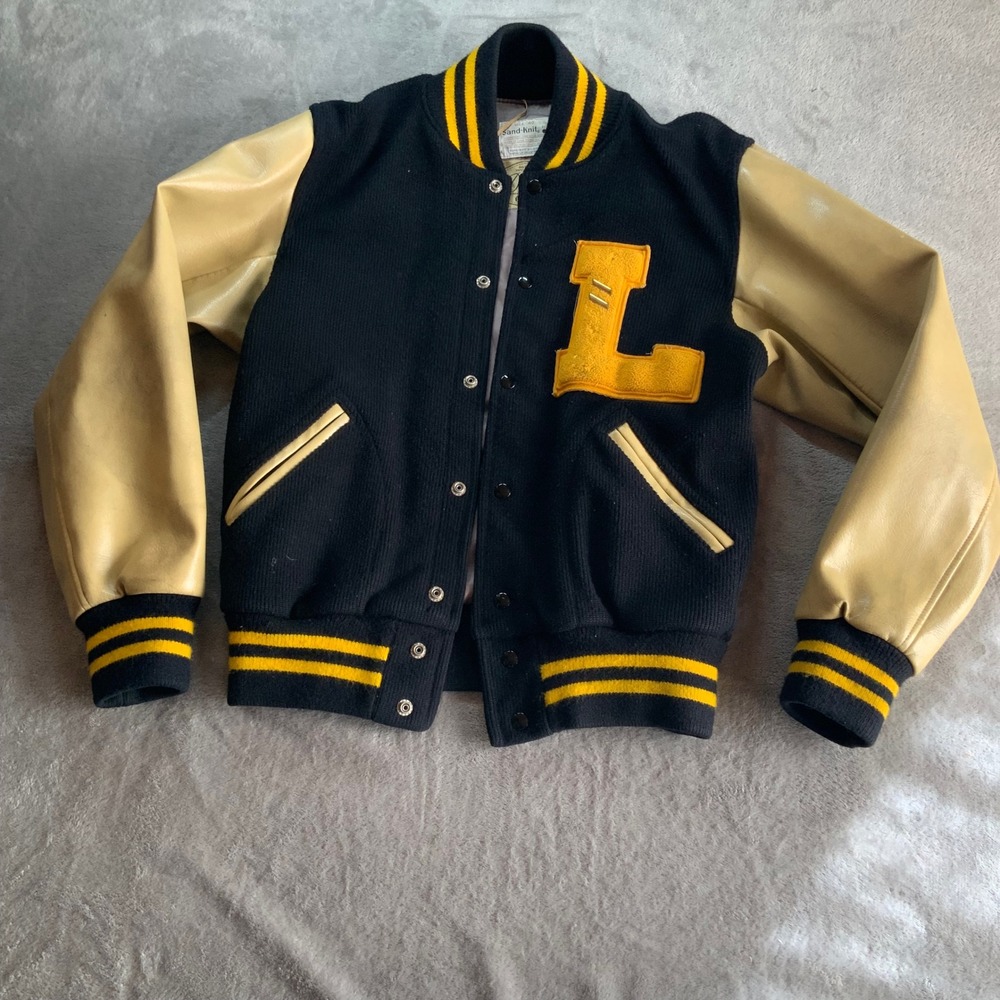 Vintage Sand-Knit Doe-Lon Varsity Letterman Jacket Navy Yellow Size 40